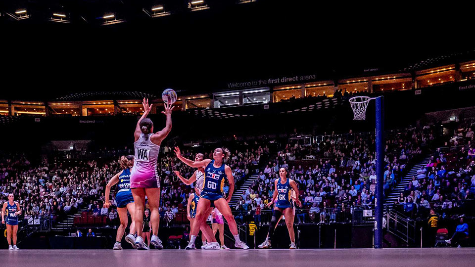 Still photograph of a Loughborough Lightning Wing Attack player taking a shot during a match against Leeds Rhinos
