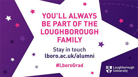 Purple and white graphic with a large star shape in the centre and other small stars across the image. Text reads: You'll always be part of the Loughborough Family. Stay in touch. Lboro.hslppt.com/alumni #LboroGrad