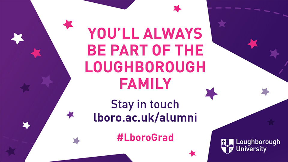 Purple and white graphic with a large star shape in the centre and other small stars across the image. Text reads: You'll always be part of the Loughborough Family. Stay in touch. Lboro.hslppt.com/alumni #LboroGrad