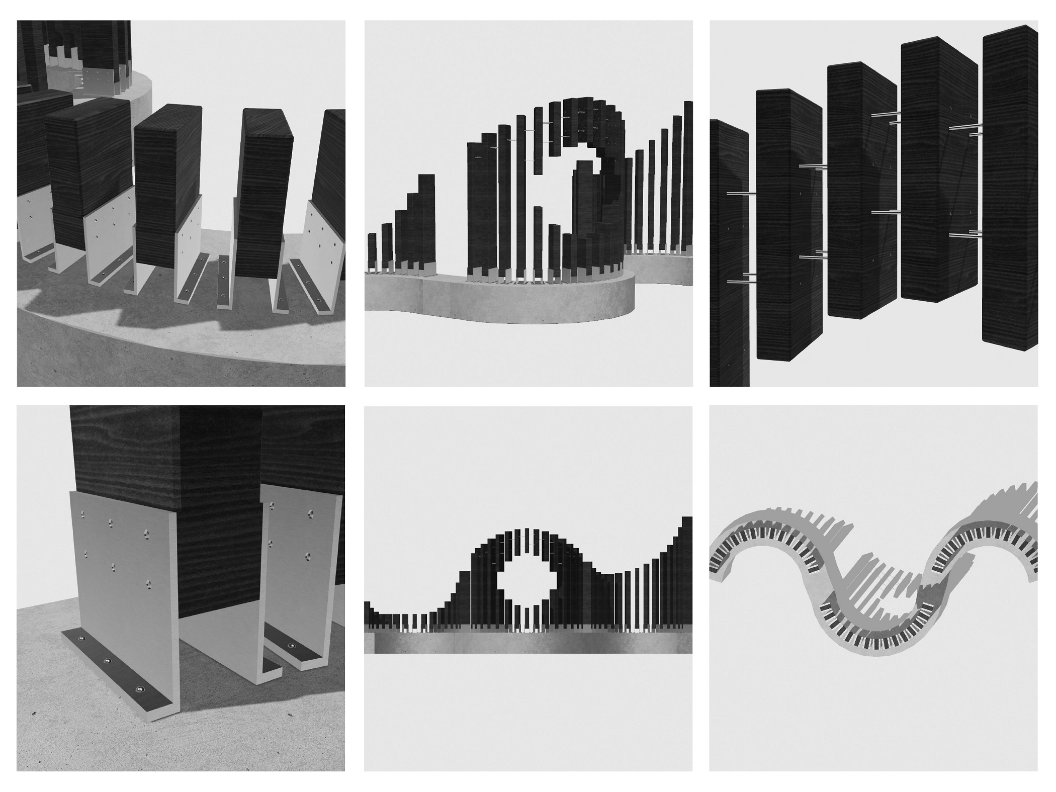 6 square rendered designs of the Flux sculpture, vertical wooden beams stuck into steel fixings