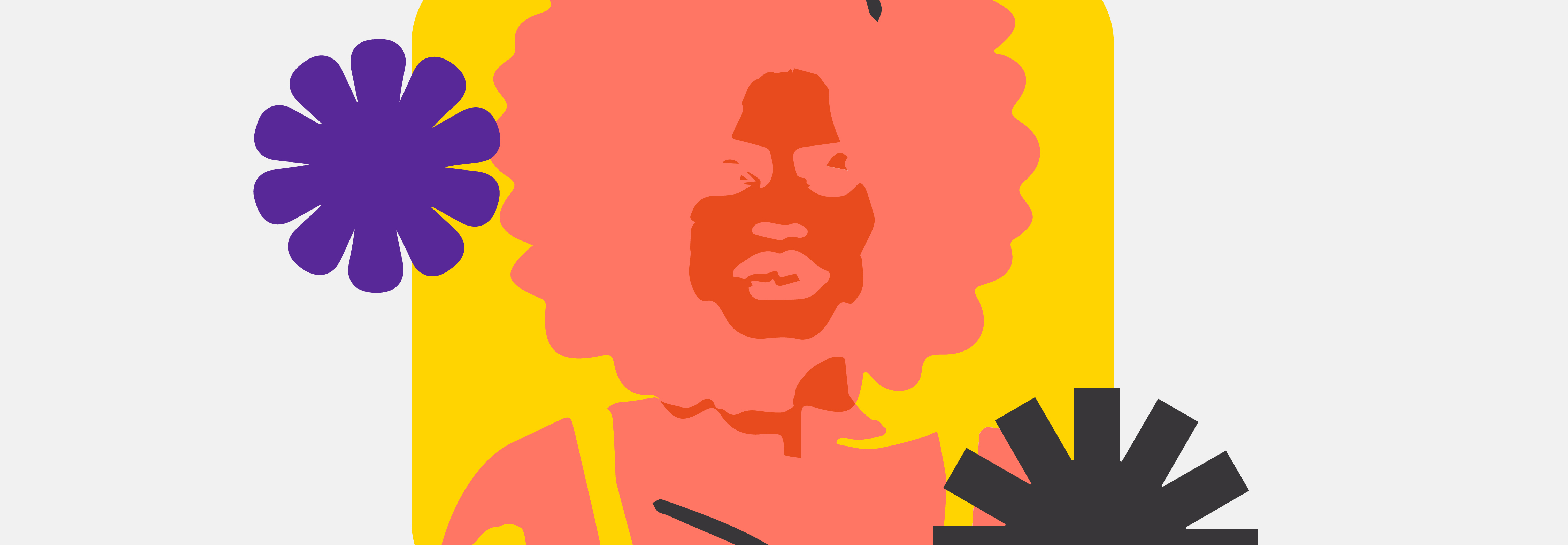 A black and white banner with squiggly shapes in the background and a shioluete of a woman with large afro hair