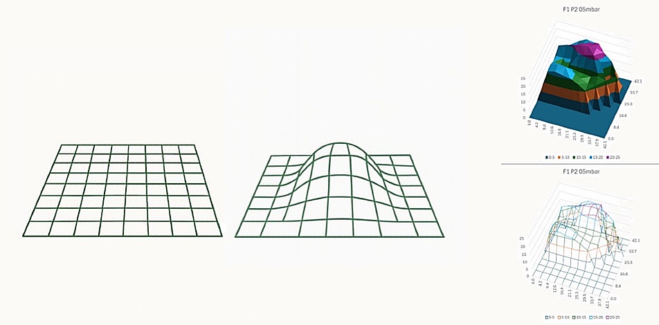 illustration of how the gridlines bend when pressure is applied against the prostate
