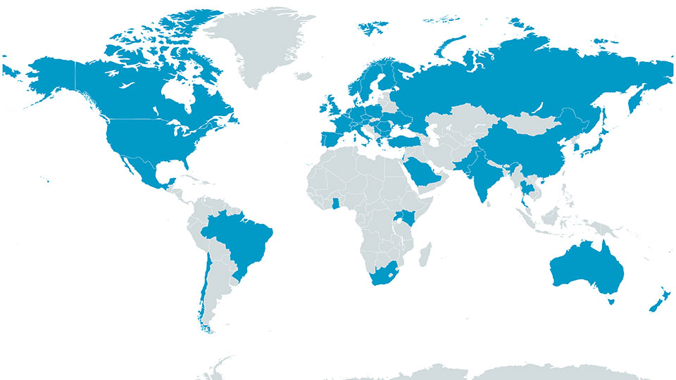 World map with the countried coloured in where we have had IAS Fellows from