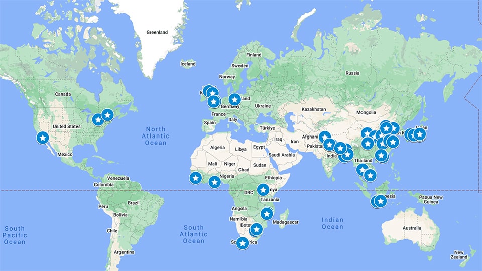 Map of most of the world, pinpointing the many locationss of the partners.