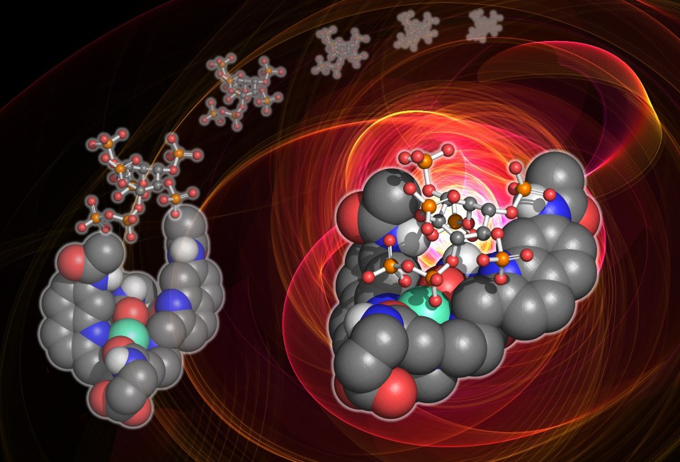 An image of the researchers’ small molecule probe binding to 5-PP-InsP5 and emitting bright red light. Image generated by Dr Felix Plasser, 麻豆視頻_麻豆直播_麻豆传媒官网.