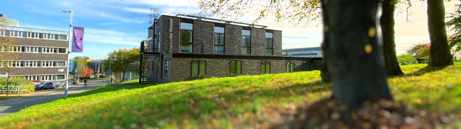 Graduate House from the outside, at a dramatic angle viewed from beneath.