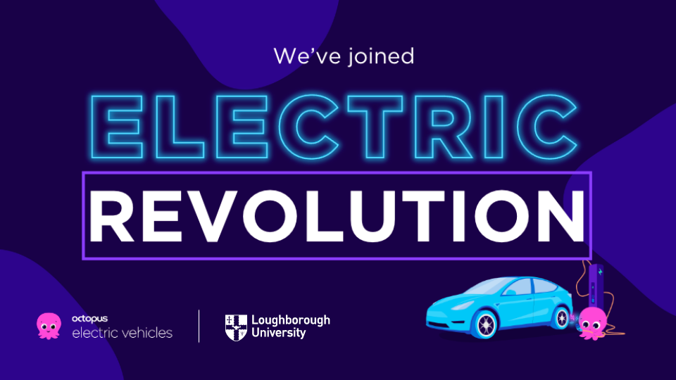 a light blue car on a dark blue background and the words electric revolution highlighted