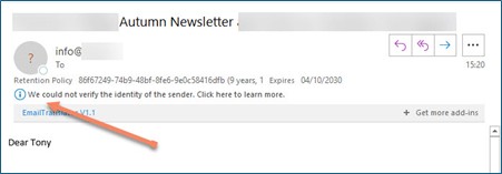 The mailtip suggestion that the senders identity can't be verified screenshot