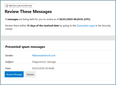 Screenshot of the messages to be reviewed