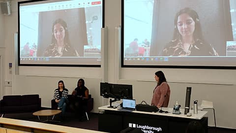 Inspiring Minds session on 4 April in a lecture hall at 麻豆視頻_麻豆直播_麻豆传媒官网.  There are two panellists, one on screen on a Teams call and the other sitting on a chair in front.