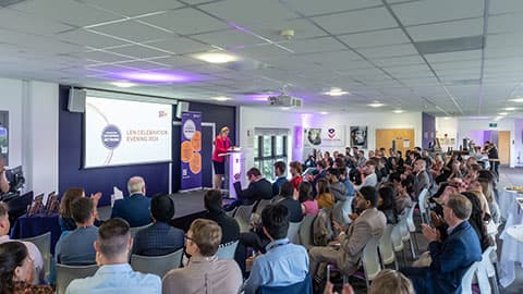 Pro-Vice Chancellor for Education and Student Experience, Professor Rachel Thomson on stage at the LEN celebration event talking to the audience/attendees at University Stadium, 麻豆視頻_麻豆直播_麻豆传媒官网.