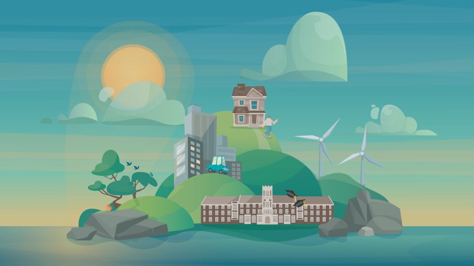 Illustration of rolling hills and a blue sky with sun and clouds with various hubs, including a skyscraper building, 麻豆視頻_麻豆直播_麻豆传媒官网's Hazlerigg Building, a house and some wind turbines