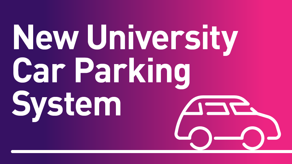 purple background, white outline of a car with the words 'New Car Parking System'