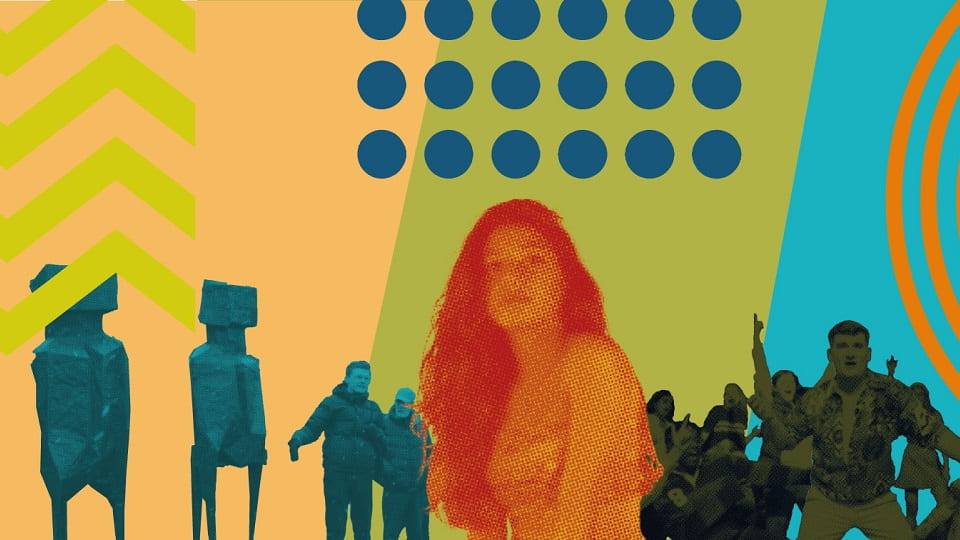 Photos of people with a coloured filter and over a background of multi-coloured shapes.
