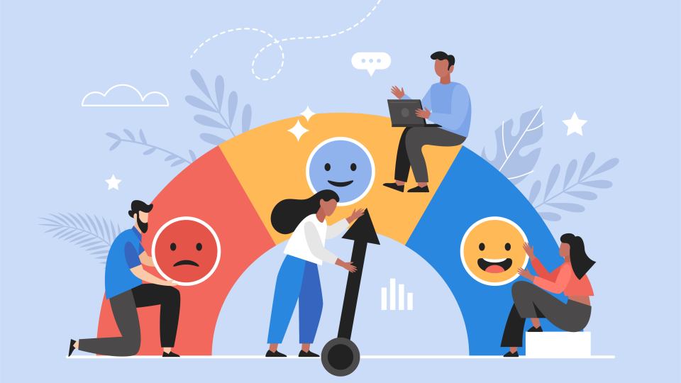 illustration of four people standing and sitting by a scale with a sad, neutral and happy face on it