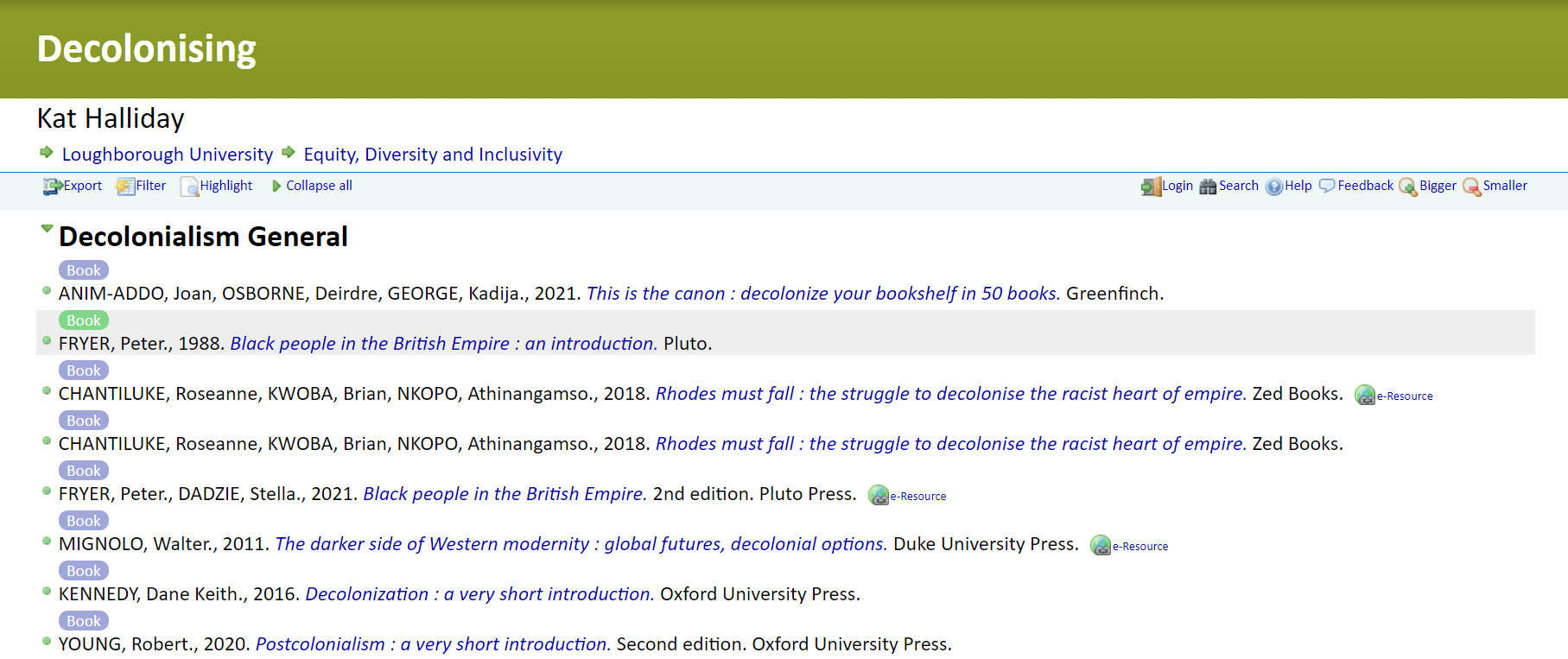 Screenshot of current library reading list system